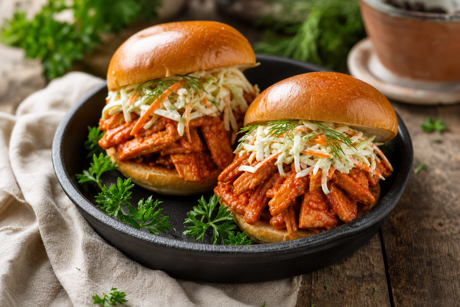 Buffalo Chicken Seitan Sandwiches with Creamy Ranch Slaw
