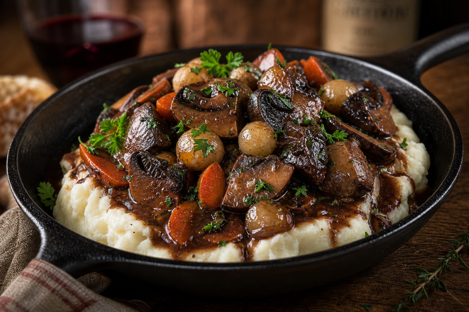 Slow Cooker Mushroom Bourguignon over Mashed Potatoes