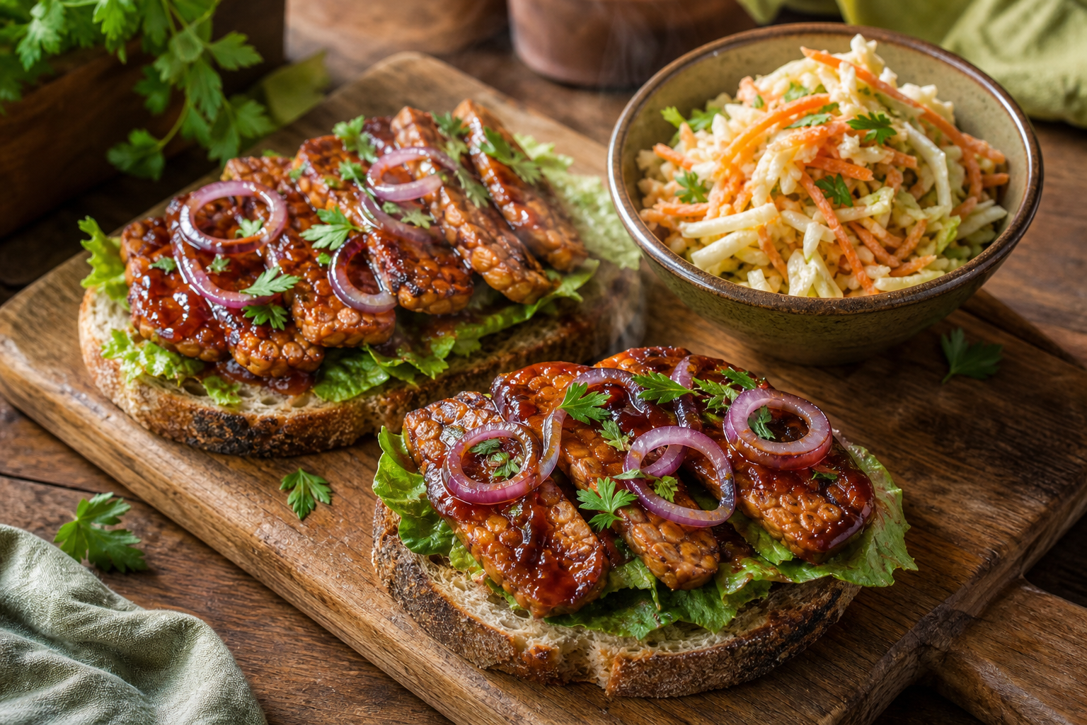 Smoky BBQ Tempeh Sandwiches with Tangy Slaw