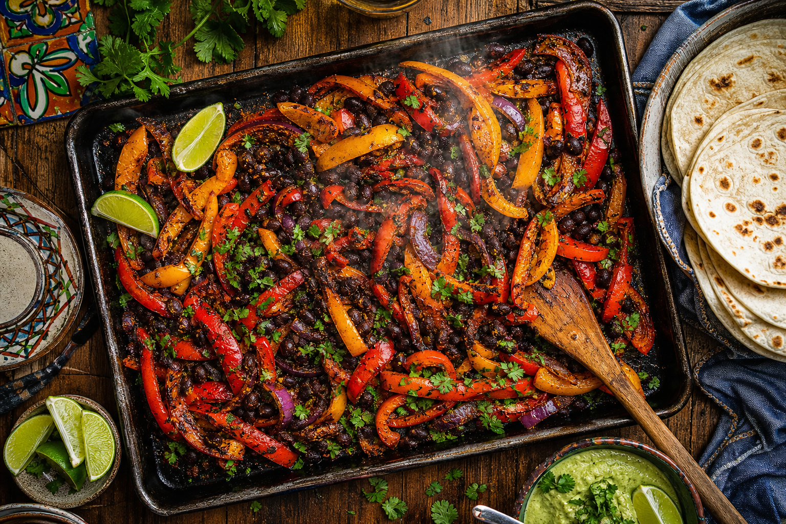 Sheet-Pan Smoky Black Bean Fajitas with Avocado-Lime Crema