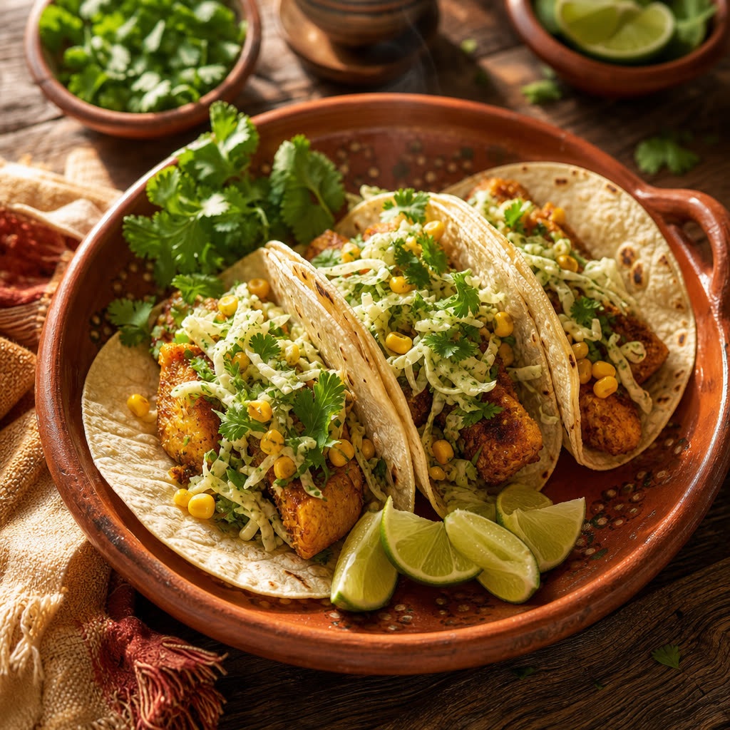 Vegan Fish Tacos with Cilantro-Lime Corn Slaw