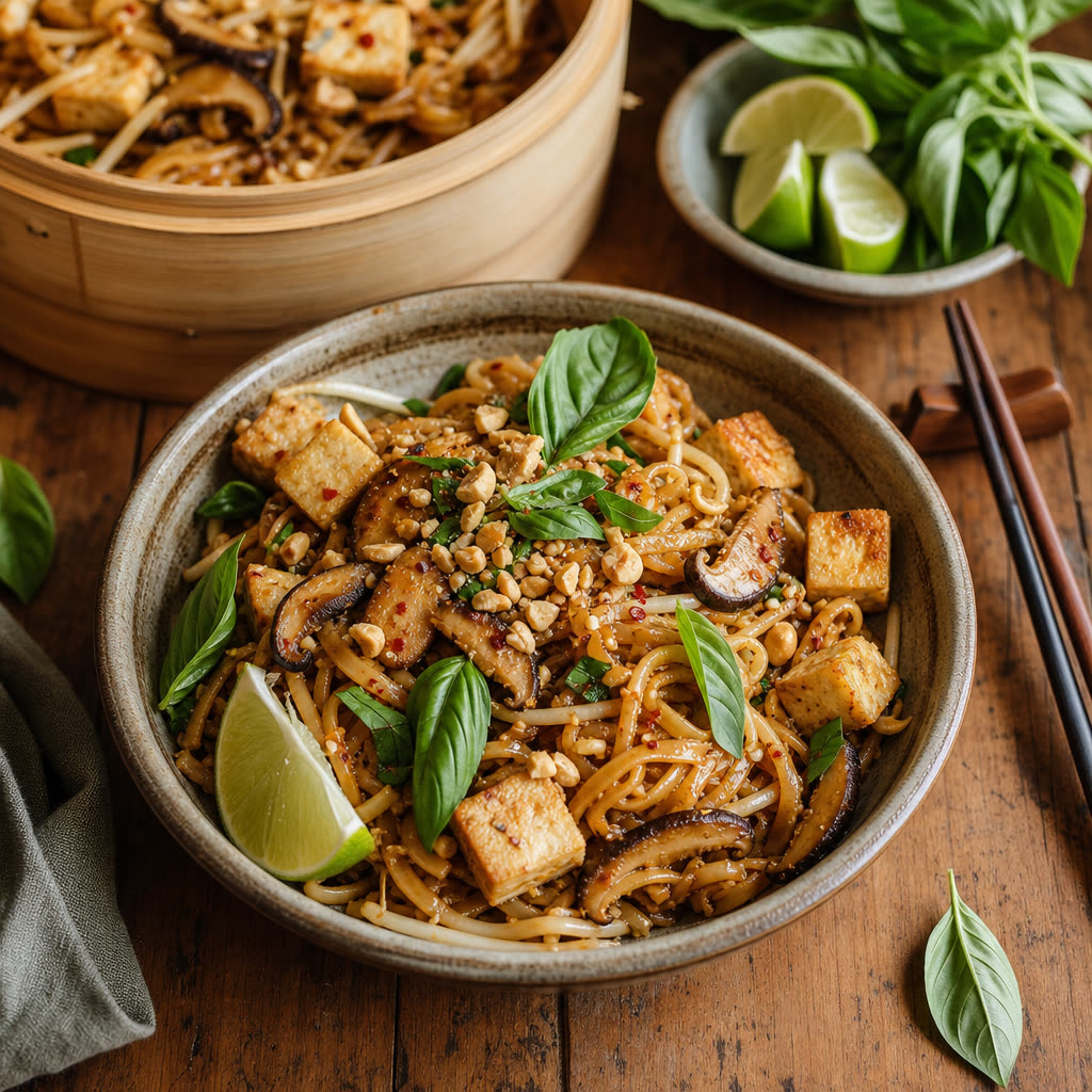 Vegan Pad Thai with Tofu and Shiitake Mushrooms