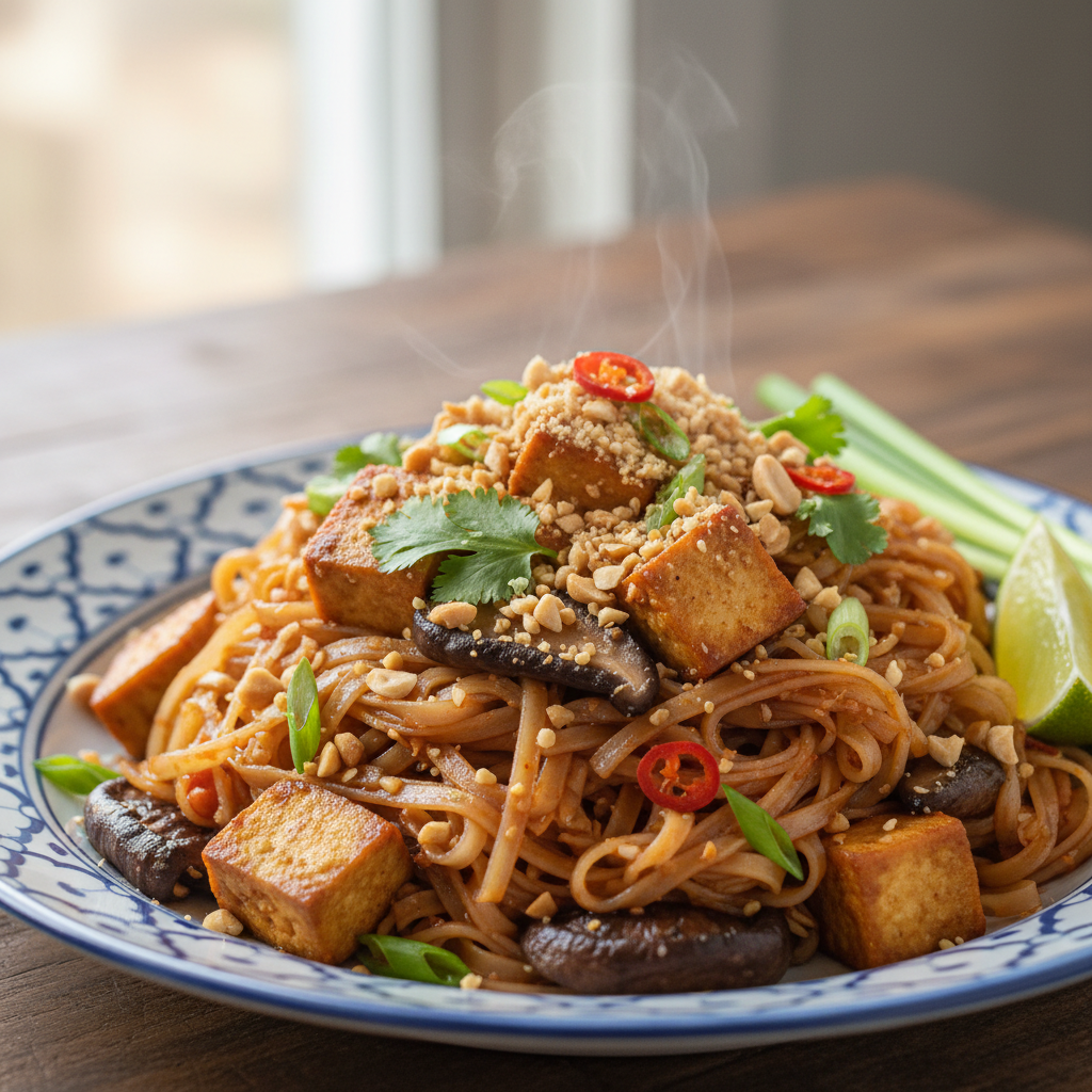Vegan Pad Thai with Tofu and Shiitake Mushrooms